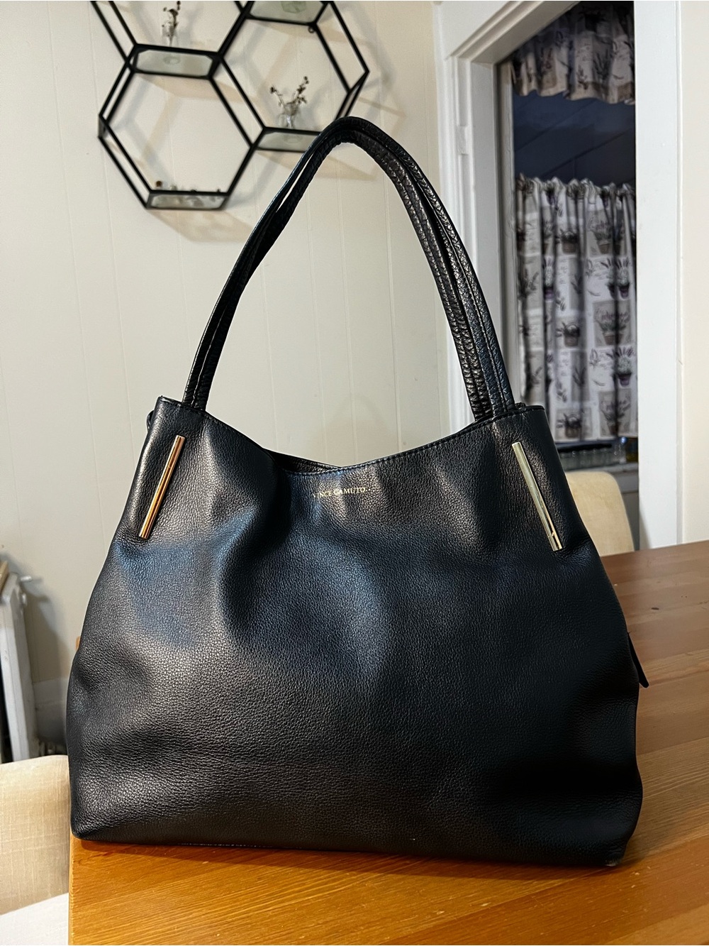 Vince Camuto Black Leather Shoulder Tote with Gold-Tone Accents